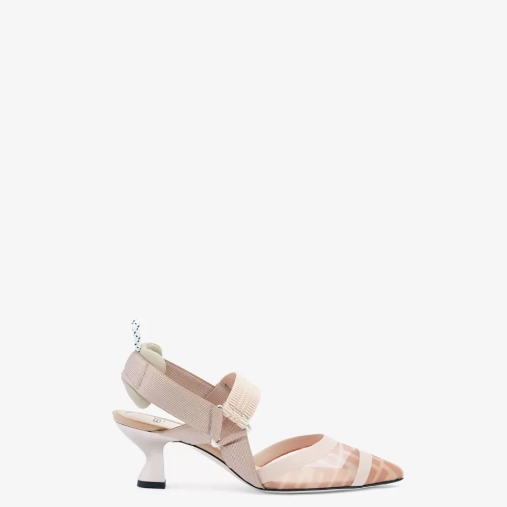Decollete>Fendi Ballerine In Pelle Nude E Mesh Rosa Con Tacco Medio