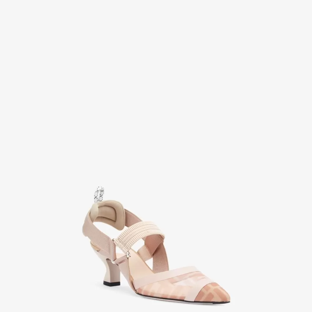 Decollete>Fendi Ballerine In Pelle Nude E Mesh Rosa Con Tacco Medio