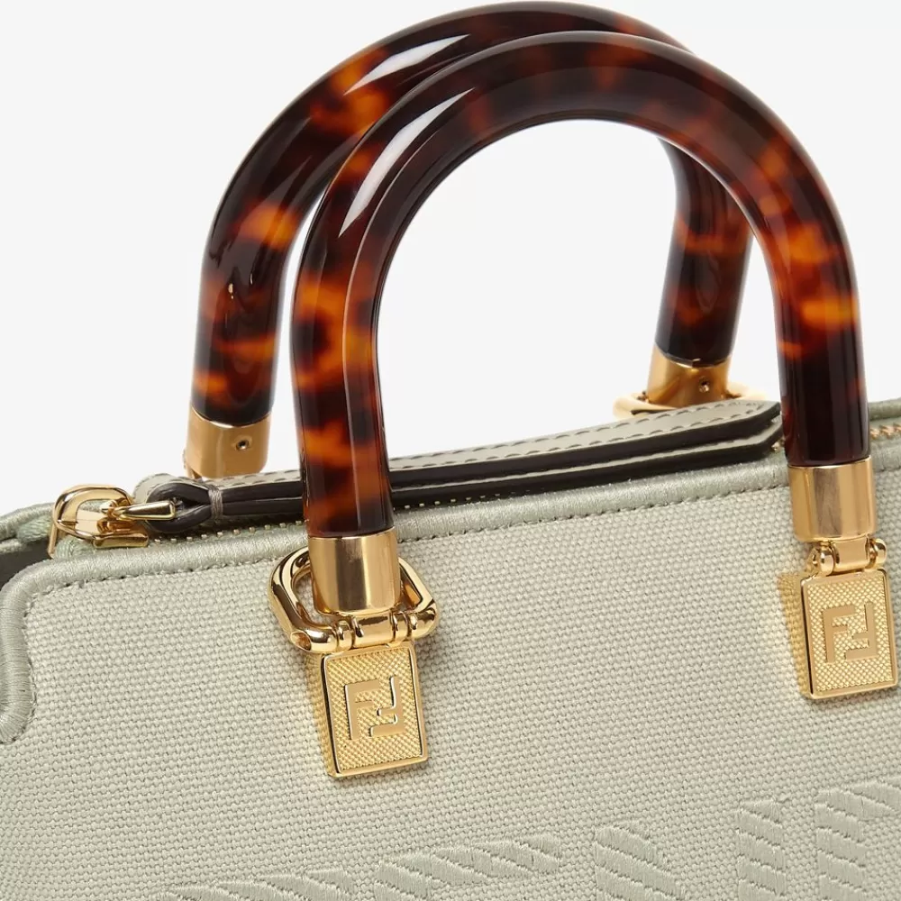 Borse Mini>Fendi Bauletto Piccolo In Canvas Verde Chiaro Con Ricamo Roma