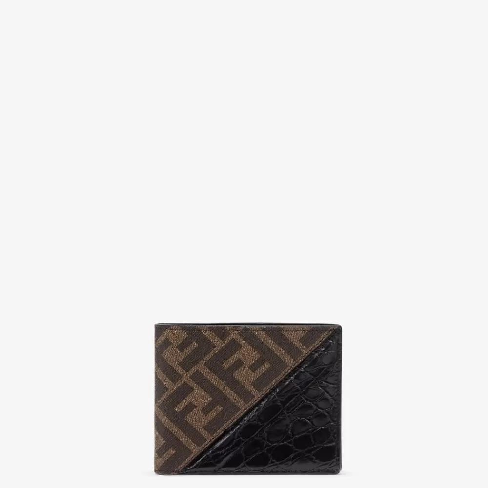 Portafogli>Fendi Bi-Fold In Tessuto Marrone E Caimano Nero