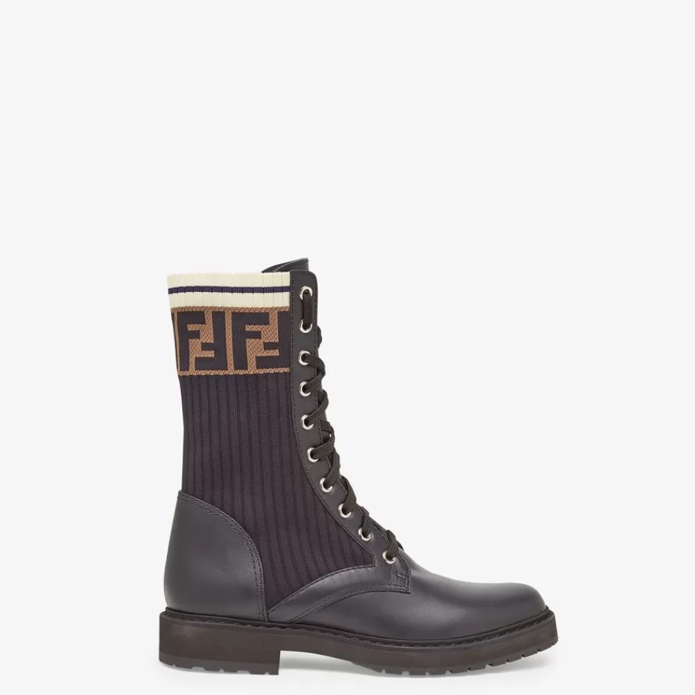 Stivali E Stivaletti>Fendi Biker In Pelle Nera Con Tessuto Stretch