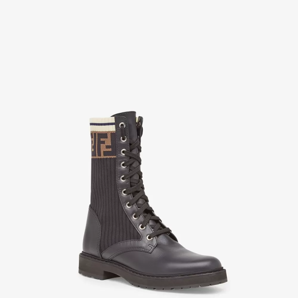 Stivali E Stivaletti>Fendi Biker In Pelle Nera Con Tessuto Stretch