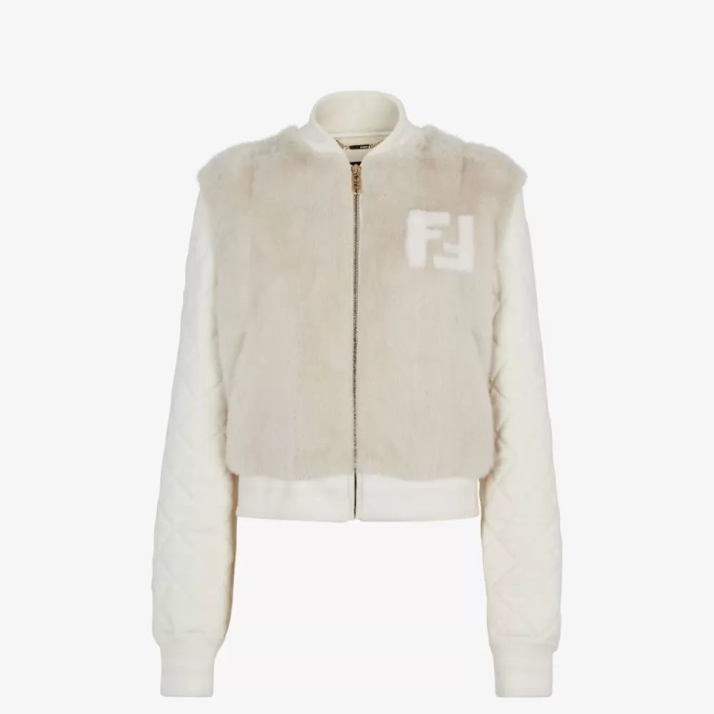 Cappotti E Capispalla>Fendi Blouson In Maglia Bianca E Visone