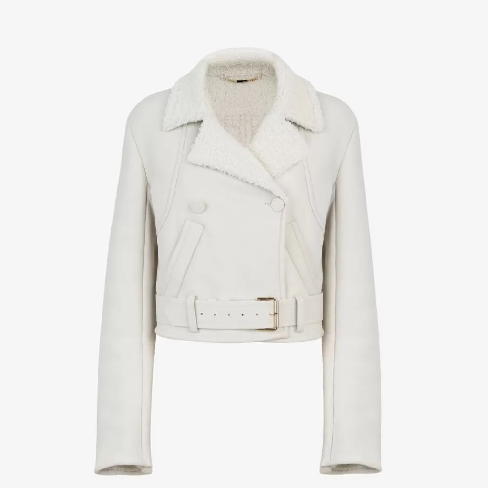 Giacche>Fendi Blouson In Pelle Bianca E Shearling