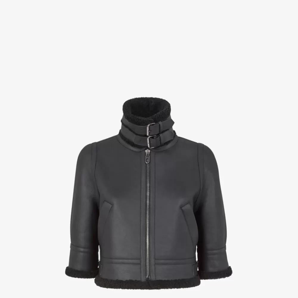 Cappotti E Capispalla>Fendi Bomber In Pelle Nera E Shearling