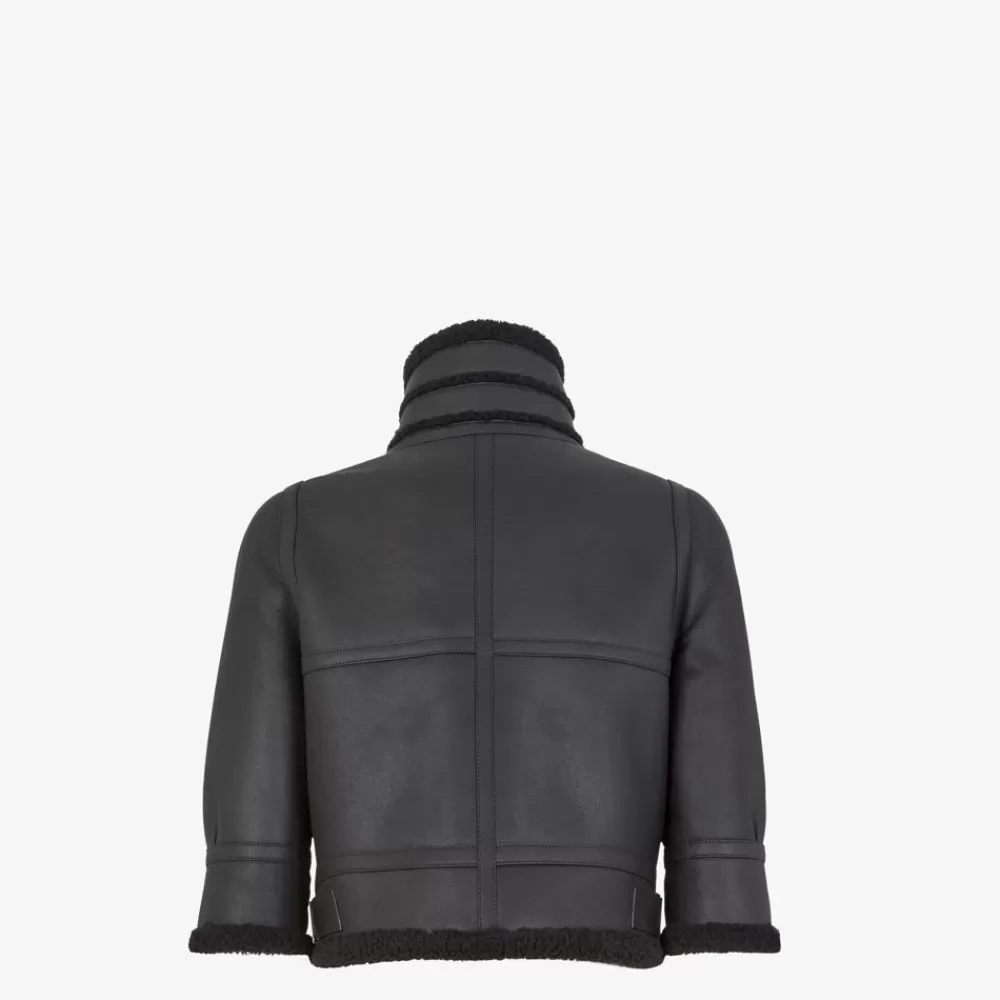 Cappotti E Capispalla>Fendi Bomber In Pelle Nera E Shearling