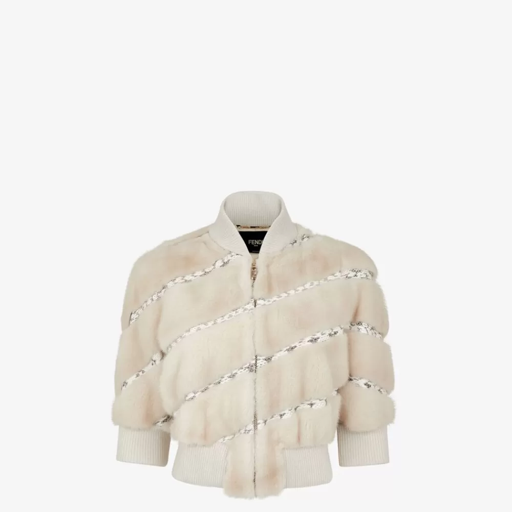 Cappotti E Capispalla>Fendi Bomber In Visone Ed Elaphe Bianco Perla