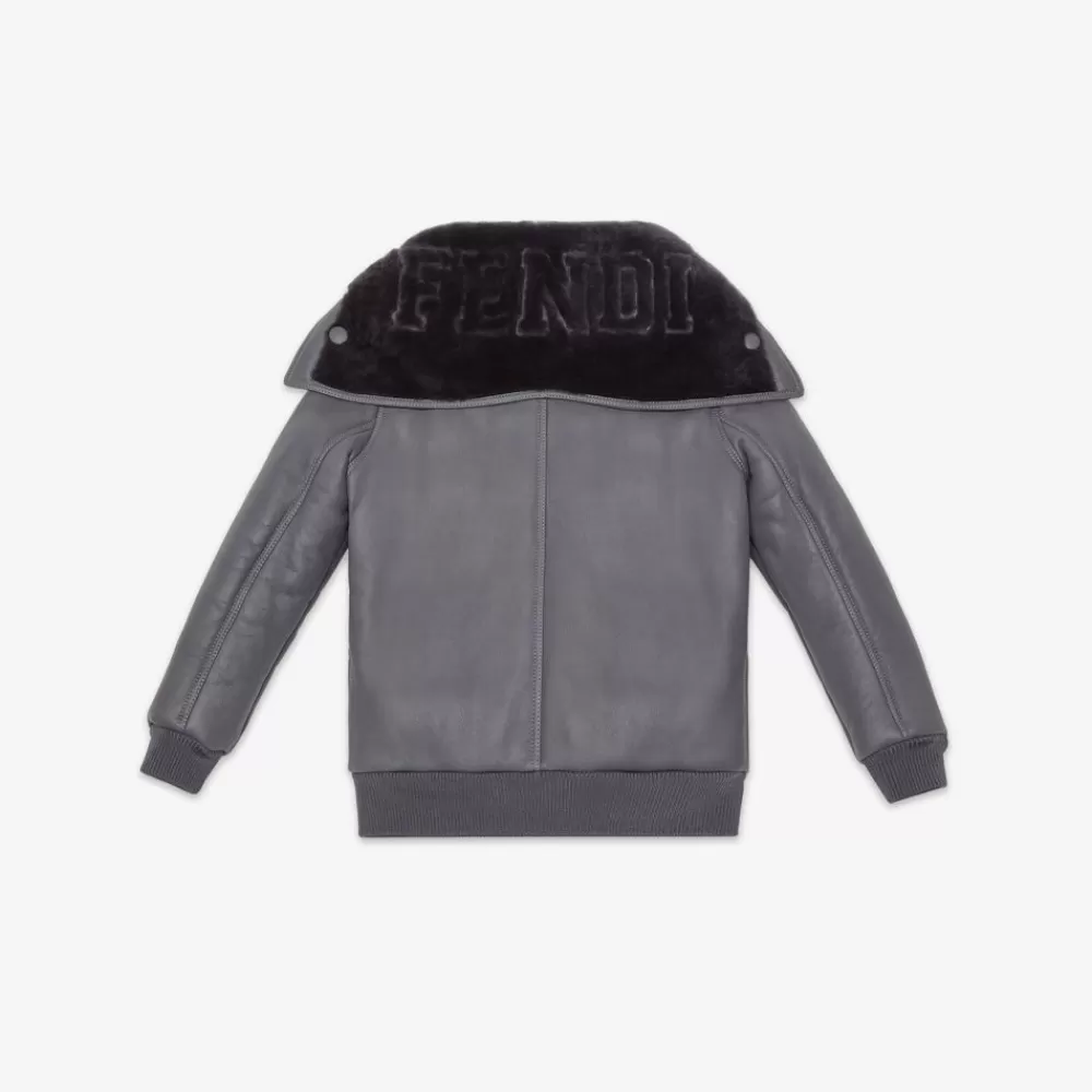 Abbigliamento>Fendi Bomber Junior In Shearling Grigio Con Logo