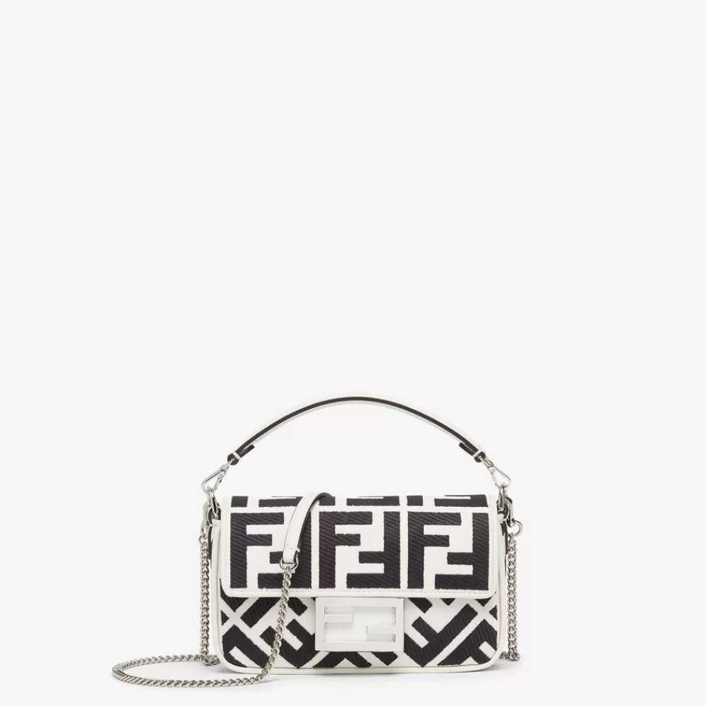 Borse A Spalla E Tracolle>Fendi Borsa In Canvas Bianca E Nera Con Ricamo Ff