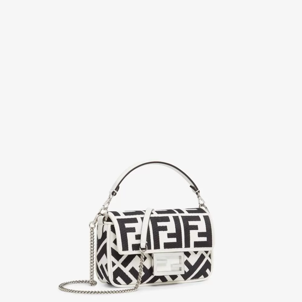 Borse A Spalla E Tracolle>Fendi Borsa In Canvas Bianca E Nera Con Ricamo Ff