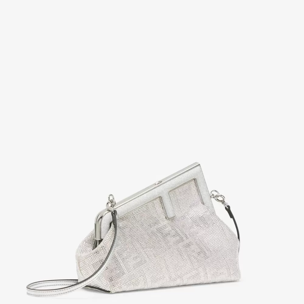 Clutch E Pochette>Fendi Borsa In Pelle Argento Con Motivo Ff Di Cristalli