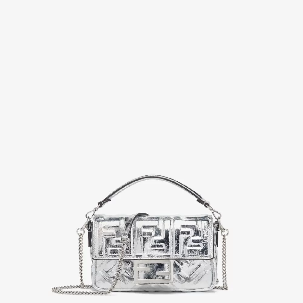Borse Mini>Fendi Borsa In Pelle Argento Craquele Con Motivo Ff