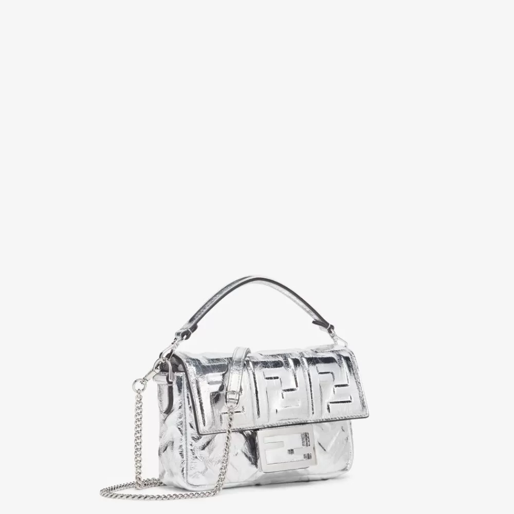 Borse Mini>Fendi Borsa In Pelle Argento Craquele Con Motivo Ff