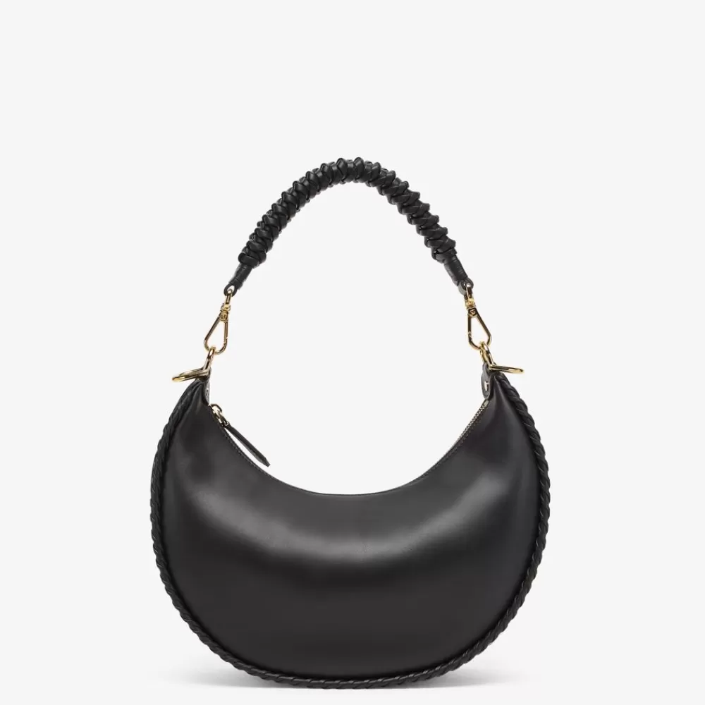 Borse Hobo>Fendi Borsa In Pelle Nera Con Infilature In Tono