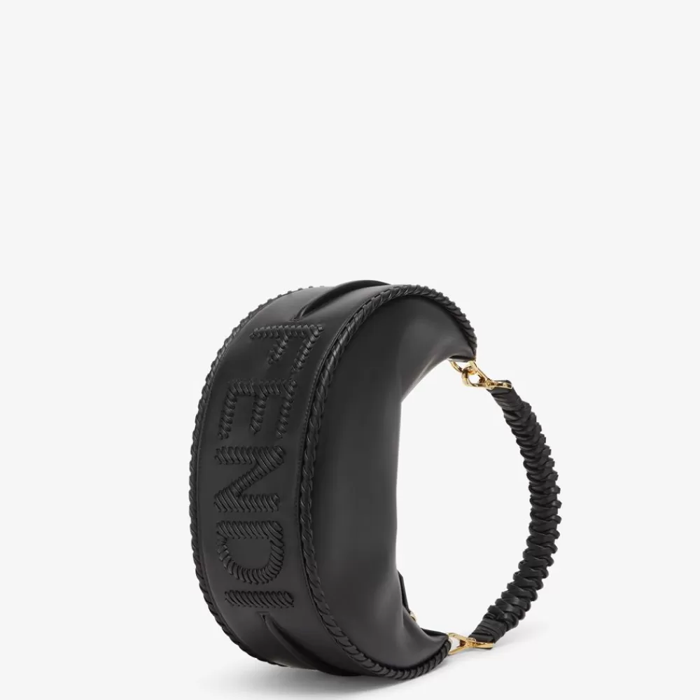 Borse Hobo>Fendi Borsa In Pelle Nera Con Infilature In Tono