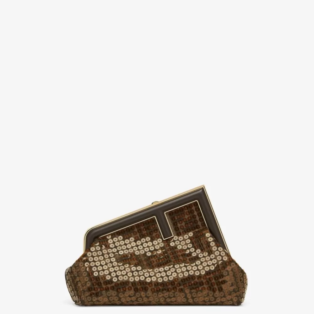 Borse A Spalla E Tracolle>Fendi Borsa In Tessuto Ff Jacquard Marrone Con Paillette