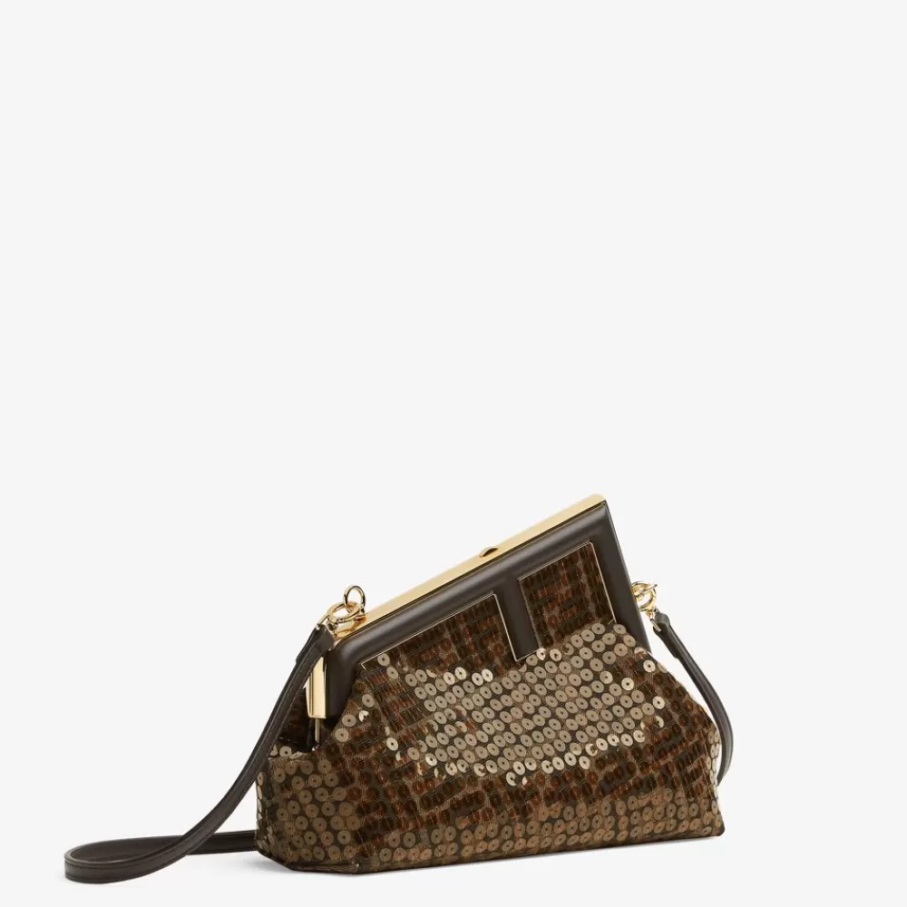 Borse A Spalla E Tracolle>Fendi Borsa In Tessuto Ff Jacquard Marrone Con Paillette