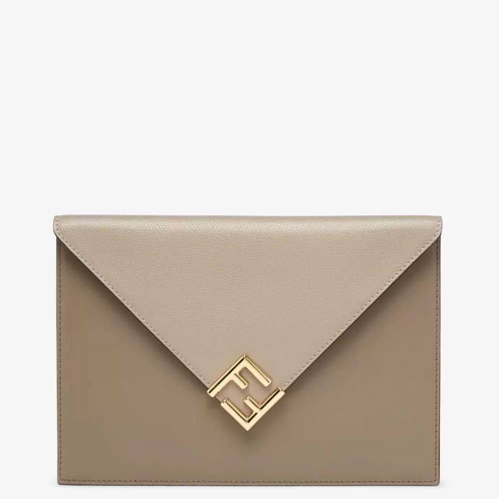 Pouch>Fendi Busta In Pelle Bicolore Grigia E Tortora