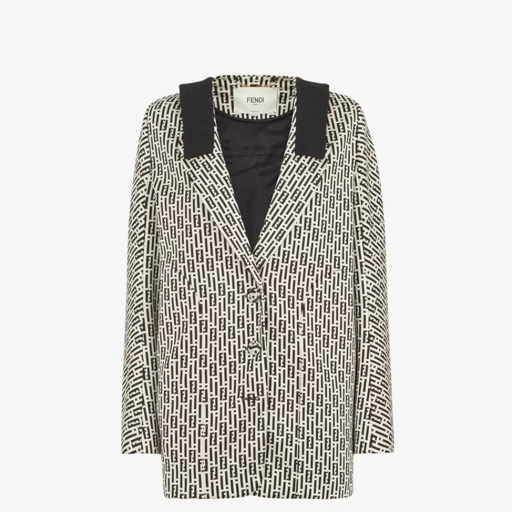 Cappotti E Capispalla>Fendi Caban In Jersey Stampato Bianco E Nero
