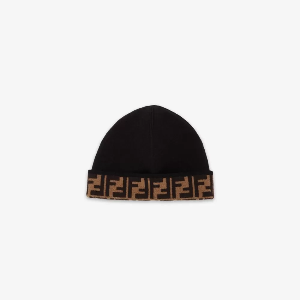 Accessori>Fendi Cappello Junior In Maglia Reversibile Nero E Tabacco