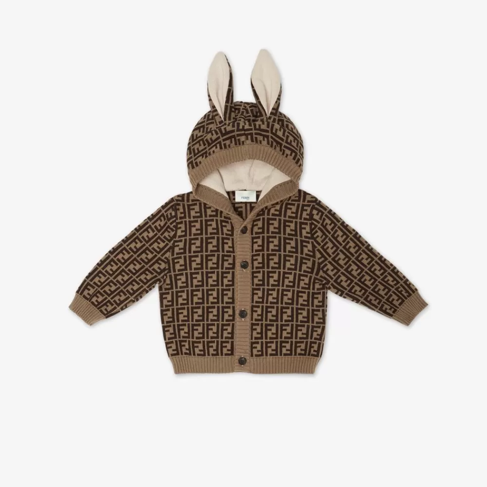 Bambina>Fendi Cardigan Baby In Cotone E Cashmere Con Orecchie E Logo Ff Color Tabacco
