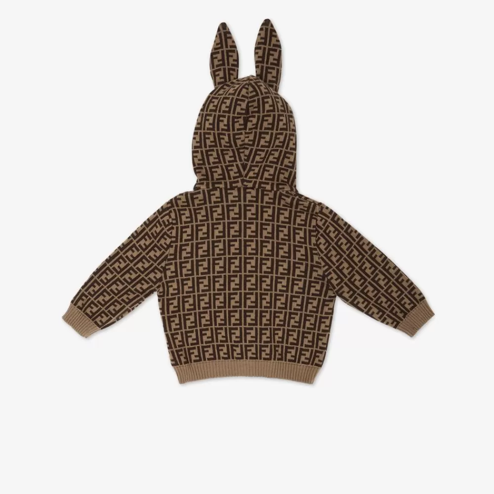 Bambina>Fendi Cardigan Baby In Cotone E Cashmere Con Orecchie E Logo Ff Color Tabacco