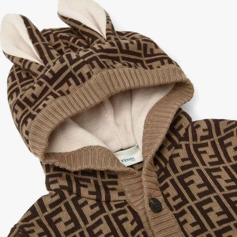 Bambina>Fendi Cardigan Baby In Cotone E Cashmere Con Orecchie E Logo Ff Color Tabacco