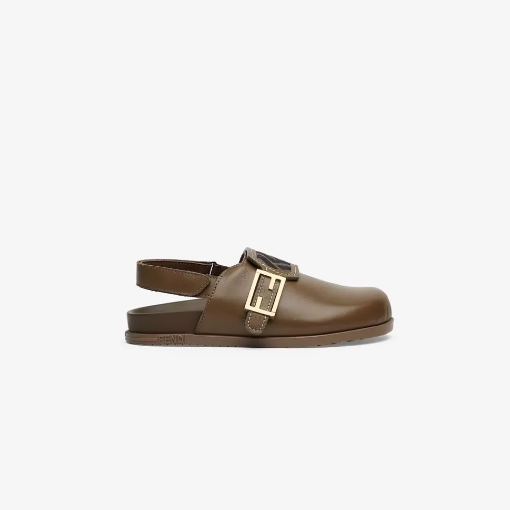Scarpe>Fendi Clog Junior In Nappa Marrone E Logo
