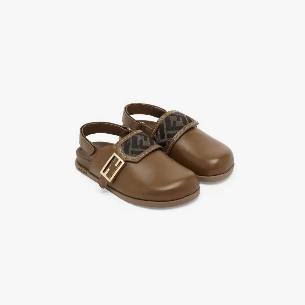 Scarpe>Fendi Clog Junior In Nappa Marrone E Logo