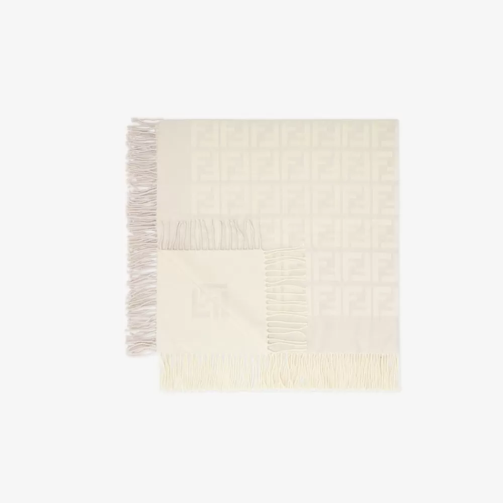Bambina>Fendi Coperta Baby In Lana E Cashmere Beige Con Logo 3D All-Over