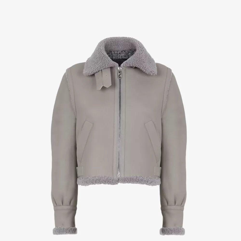 Cappotti E Capispalla>Fendi Giacca In Pelle Grigia E Shearling