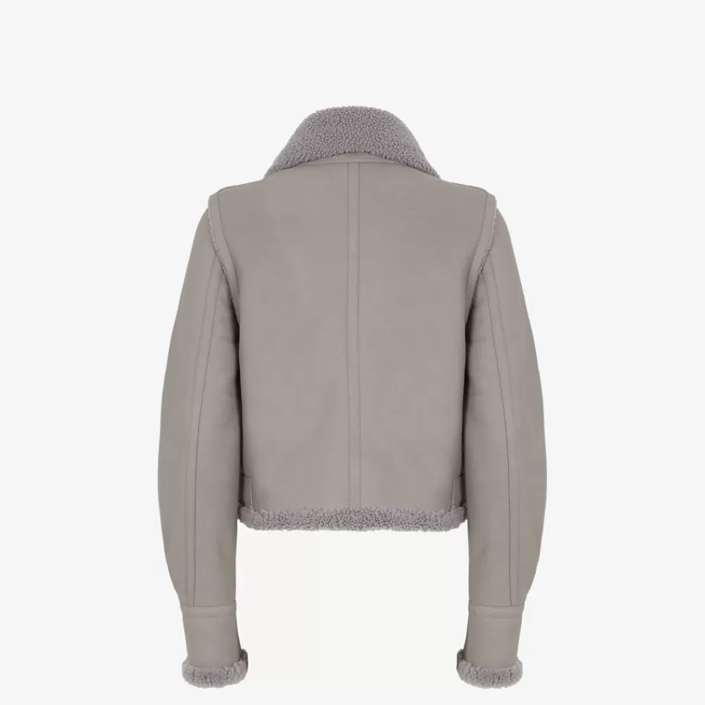 Cappotti E Capispalla>Fendi Giacca In Pelle Grigia E Shearling