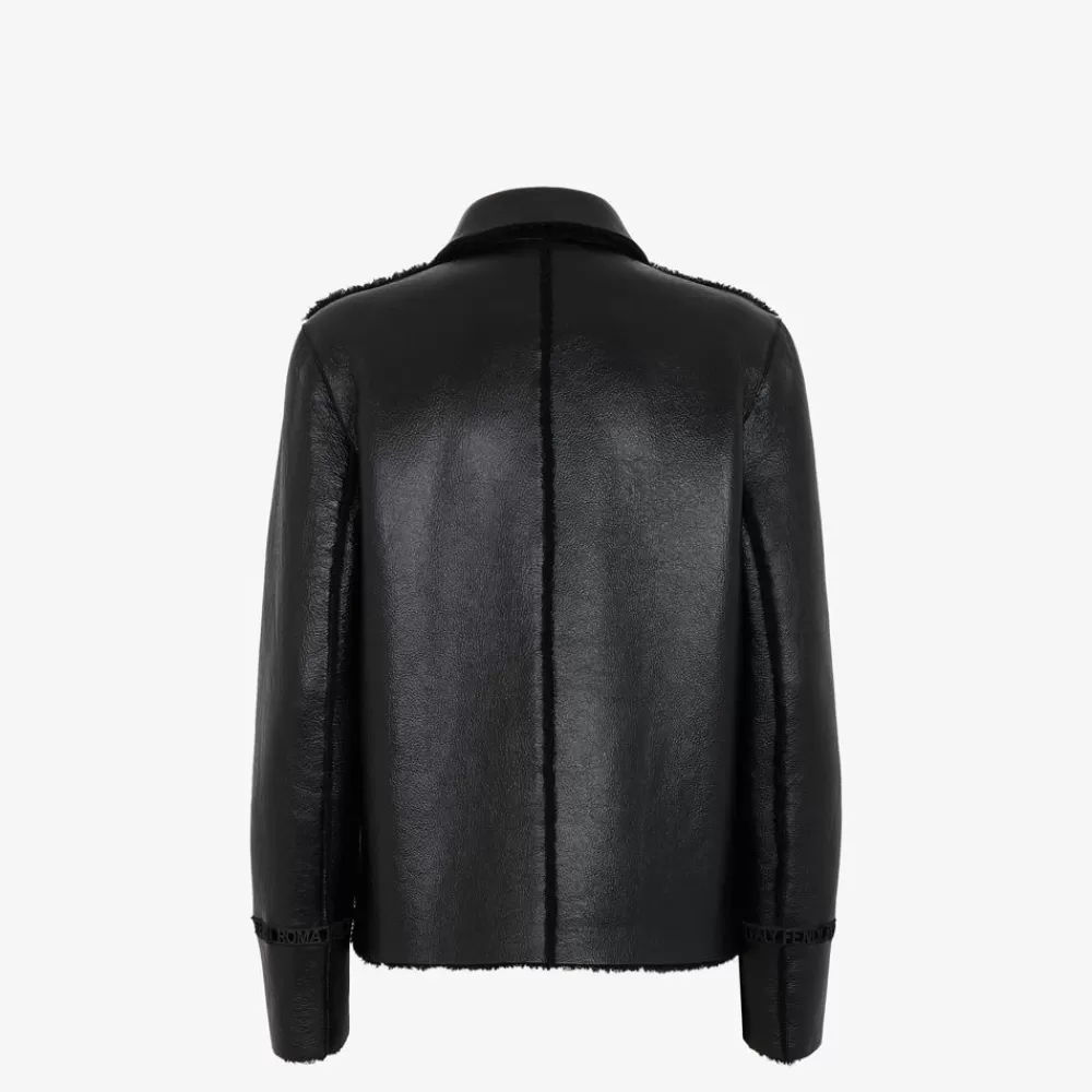 Cappotti E Capispalla>Fendi Giacca In Pelle Nera E Shearling