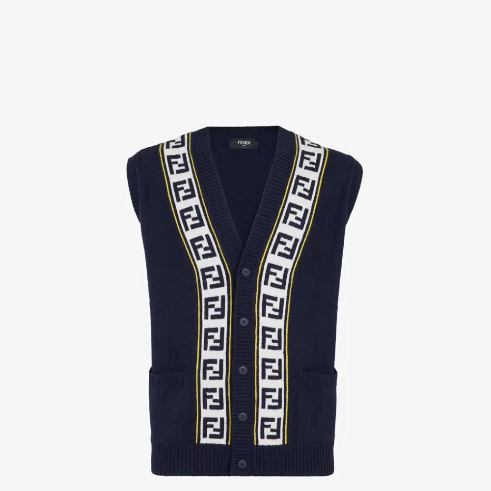 Maglieria>Fendi Gilet Da Golf In Maglia Blu Scuro