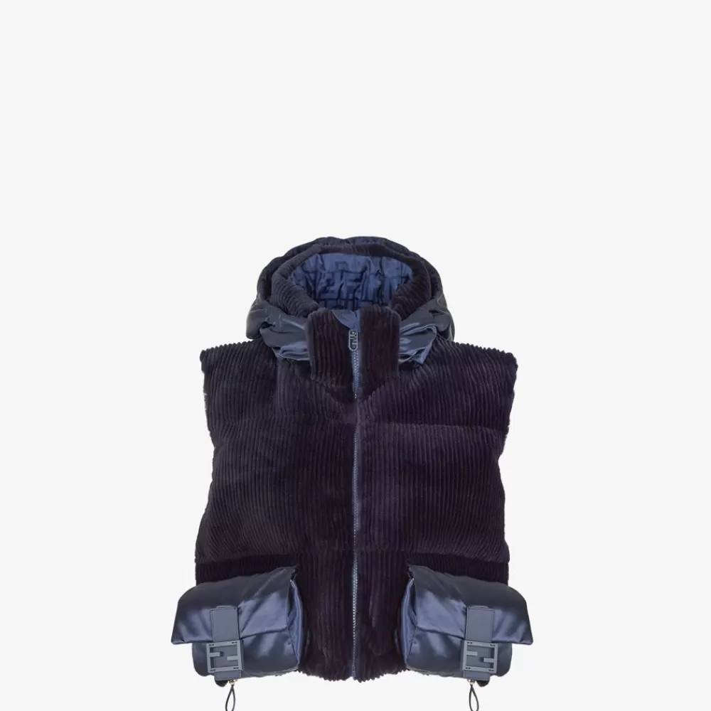 Cappotti E Capispalla>Fendi Gilet In Visone E Nylon Blu