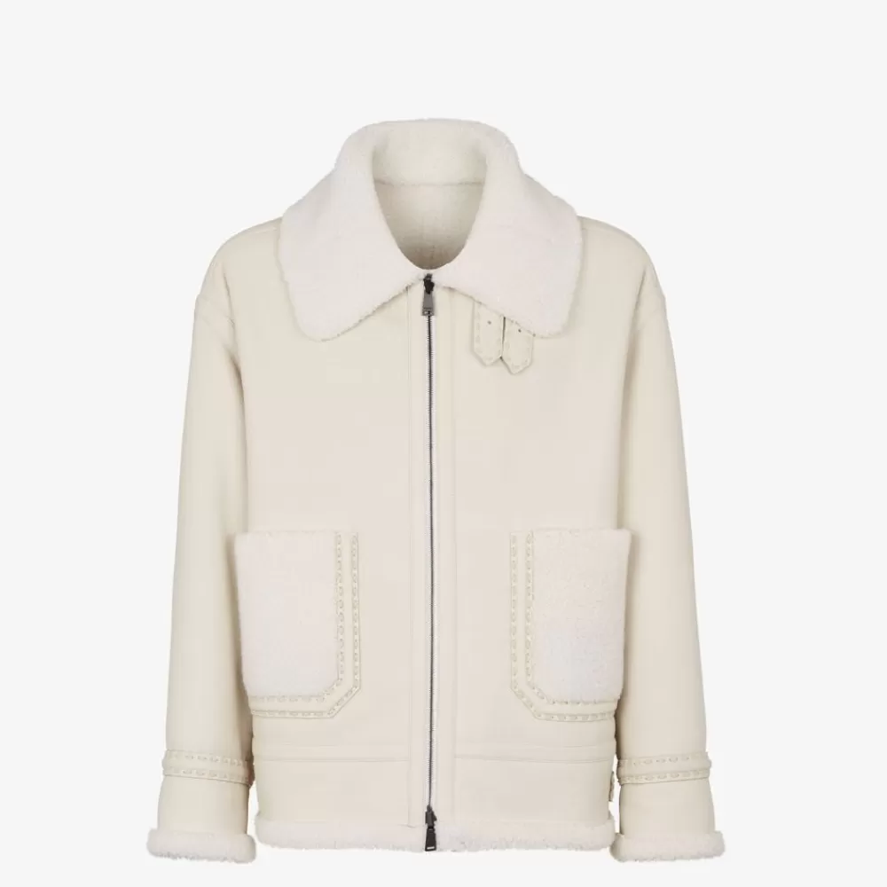 Cappotti E Capispalla>Fendi Giubbotto In Shearling Bianco