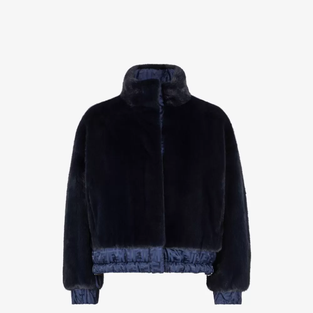 Cappotti E Capispalla>Fendi Giubbotto In Visone E Nylon Blu