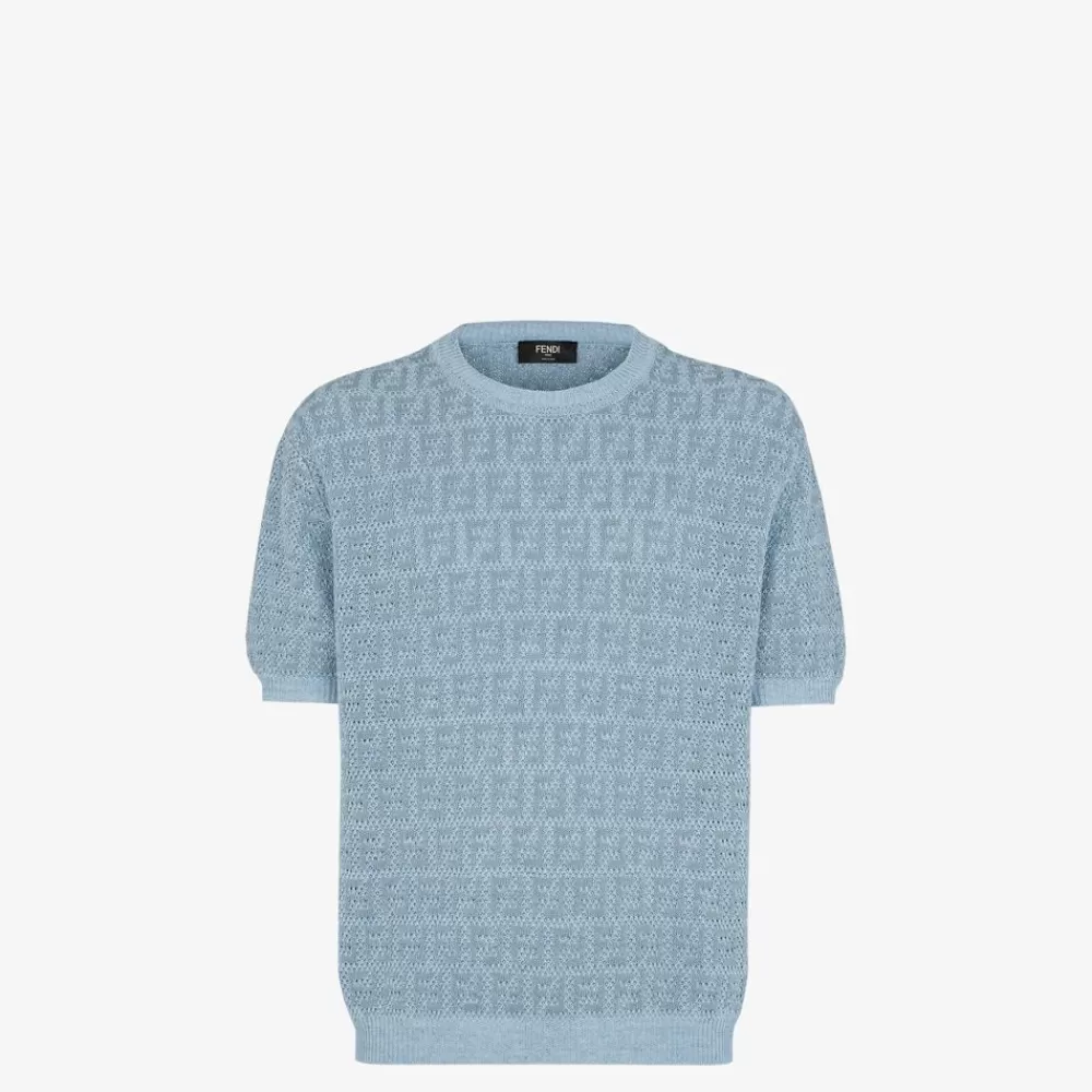 Maglieria>Fendi Maglia In Lino Azzurro, Cotone E Seta