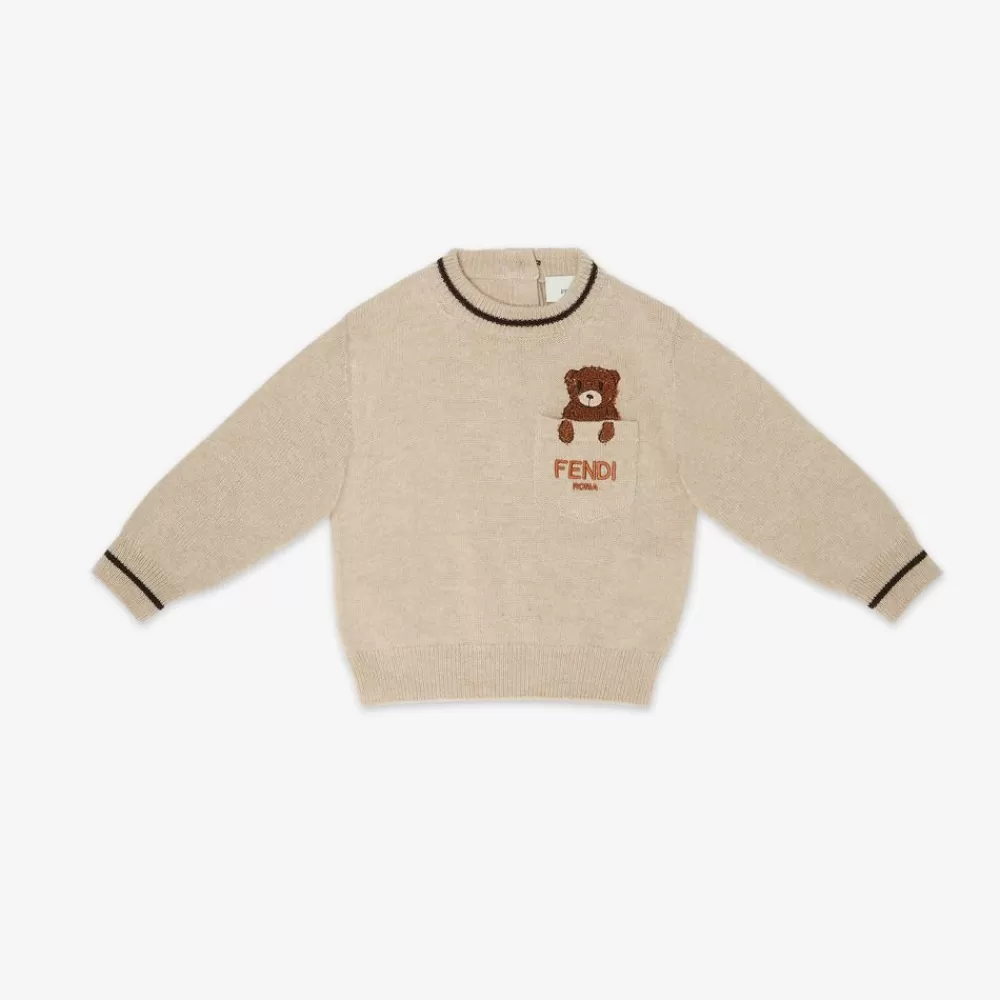 Bambino>Fendi Maglioncino Baby 100% Cahsmere Beige Con Ricamo Orso