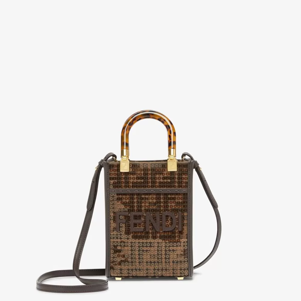 Borse Mini>Fendi Minibag In Tessuto Ff Jacquard Marrone Con Paillette
