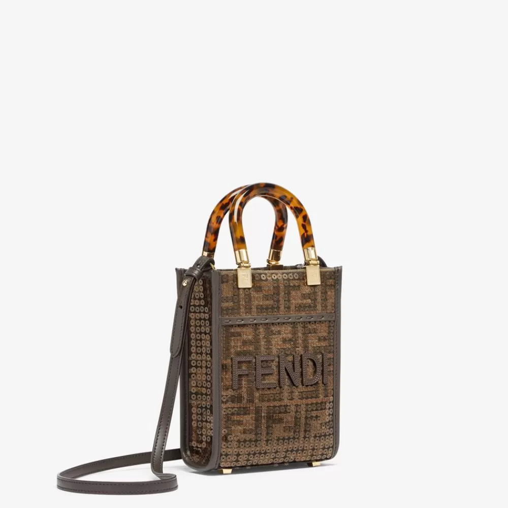 Borse Mini>Fendi Minibag In Tessuto Ff Jacquard Marrone Con Paillette