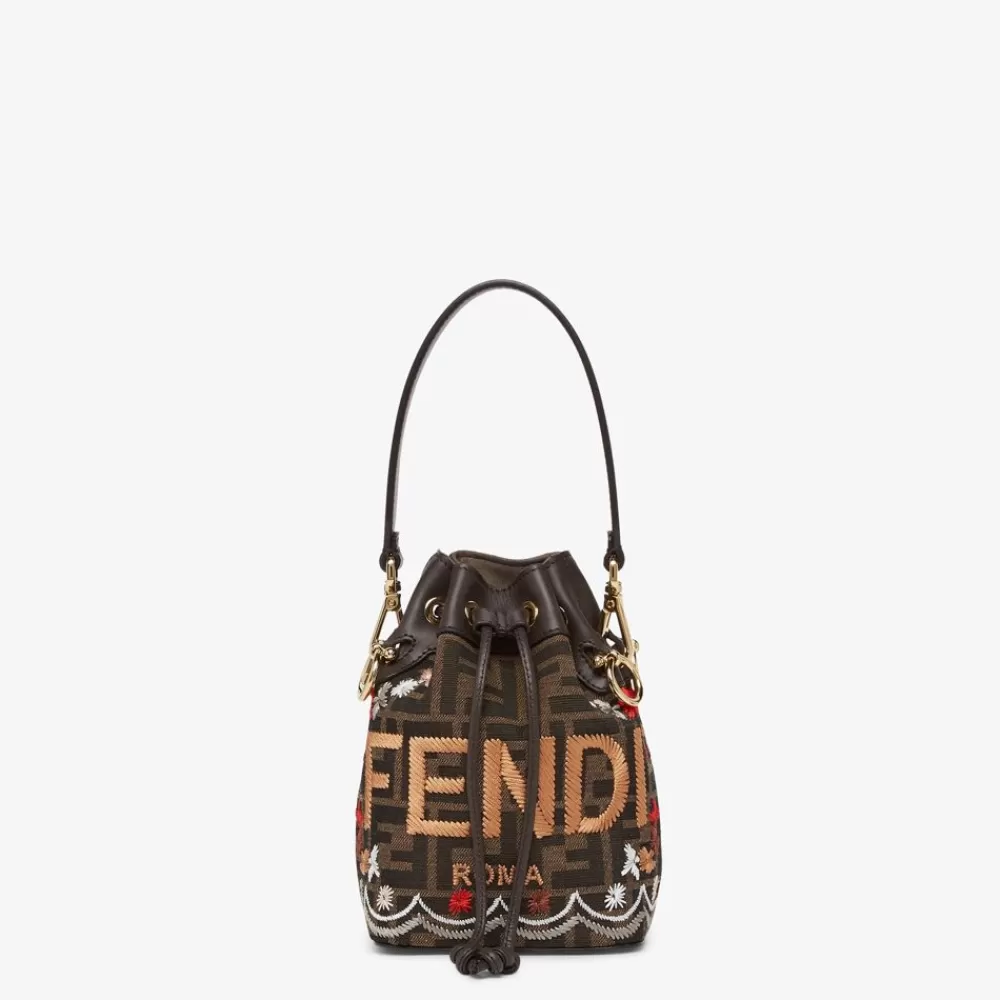 Borse Mini>Fendi Minibag In Tessuto Ff Jacquard Marrone Con Ricamo