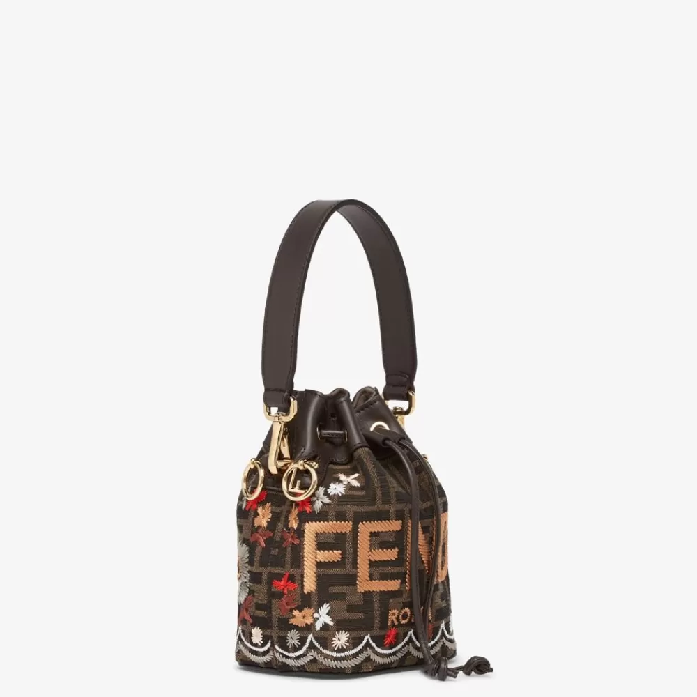 Borse Mini>Fendi Minibag In Tessuto Ff Jacquard Marrone Con Ricamo