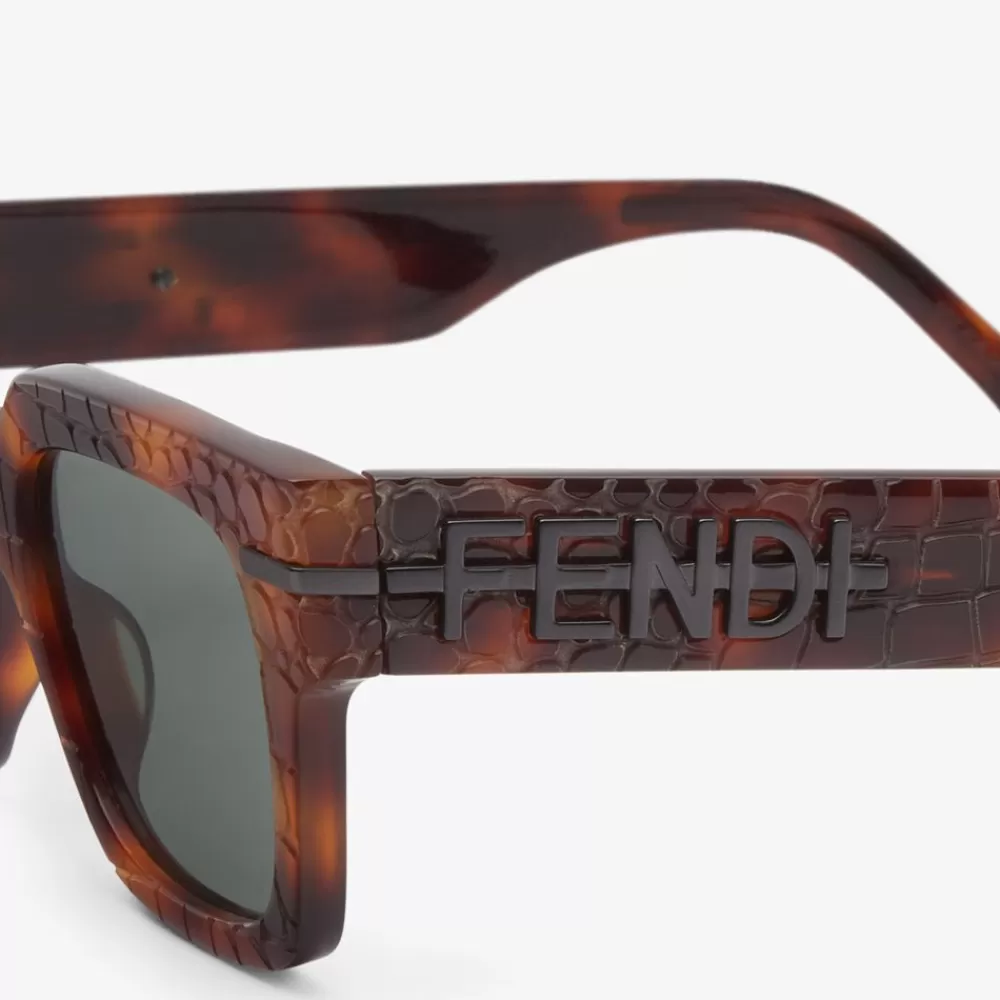 Occhiali>Fendi Occhiali Da Sole In Acetato Havana Scura Con Stampa Effetto Coccodrillo