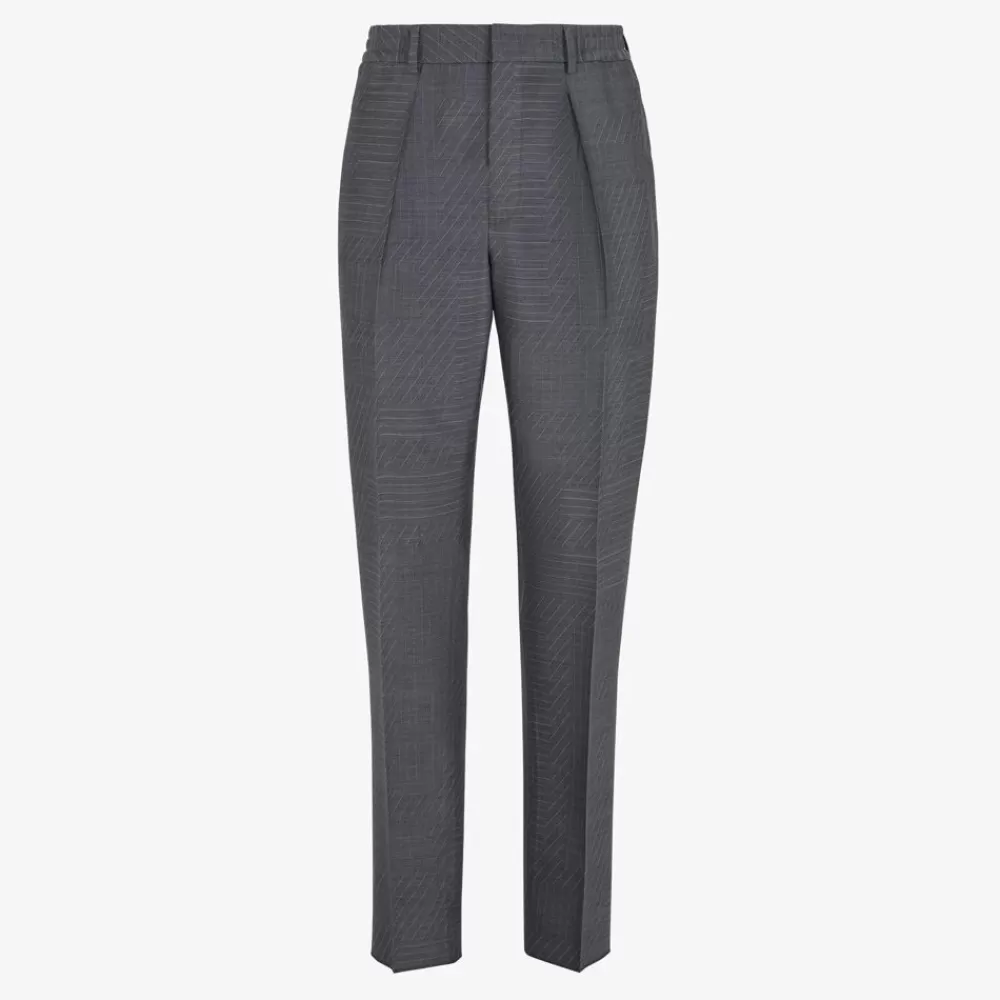 Denim E Pantaloni>Fendi Pantalone In Lana Grigia