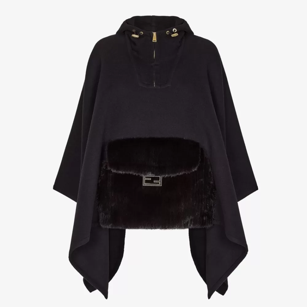 Sciarpe E Poncho>Fendi Poncho In Cashmere E Visone Nero