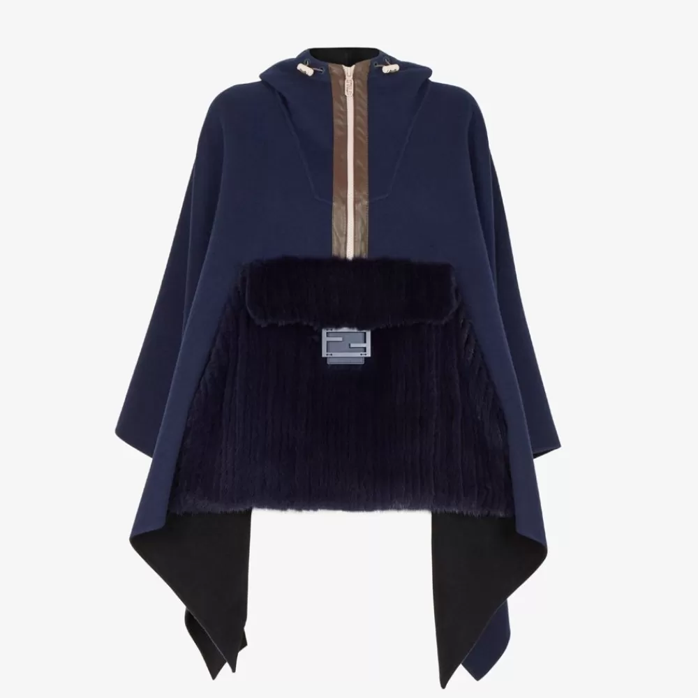 Sciarpe E Poncho>Fendi Poncho In Lana E Visone Blu
