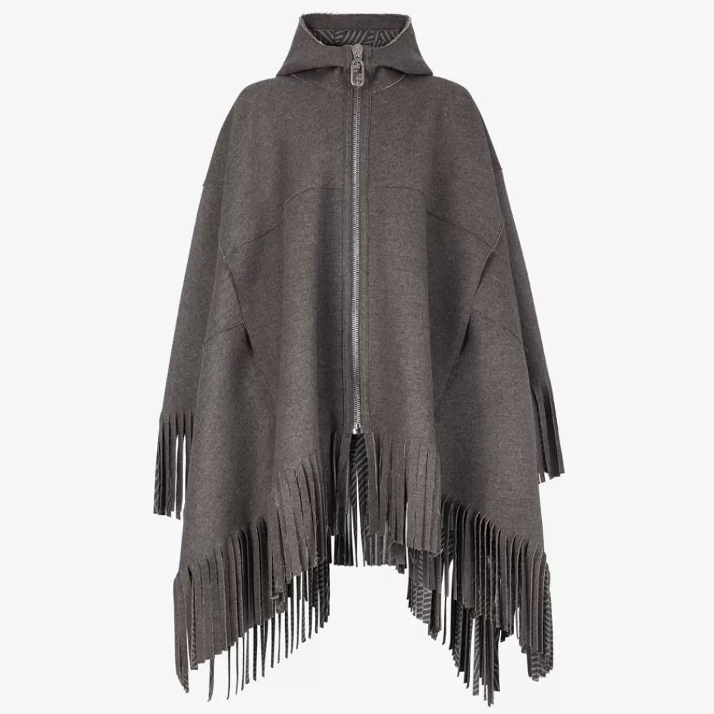 Cappotti E Capispalla>Fendi Poncho In Lana Grigia
