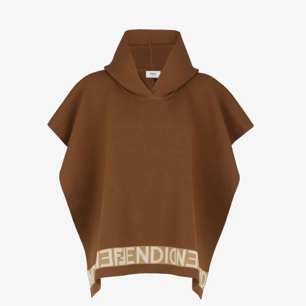 Sciarpe E Poncho>Fendi Poncho In Lana Marrone E Beige