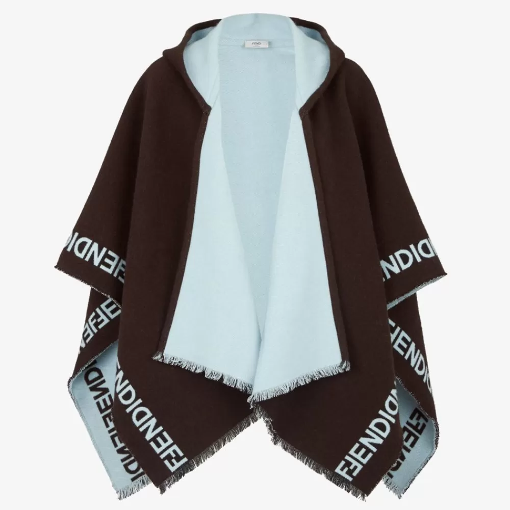 Sciarpe E Poncho>Fendi Poncho In Lana Marrone Scuro E Azzurro